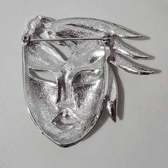 Vintage - Brooch - Mardi Gras Mask Masquerade- Silver tone - Picture 2 of 5